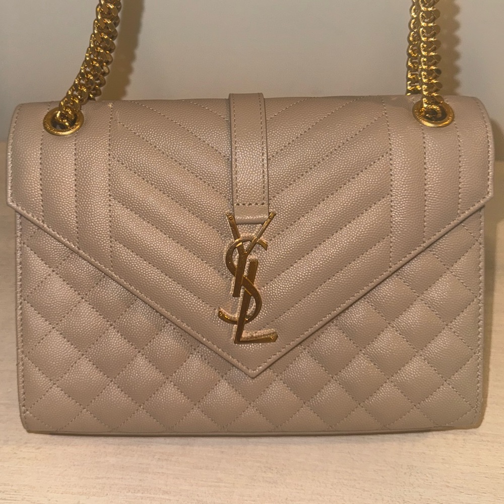 Saint Laurent Envelope Flap Bag Size Medium and Zipped Card Case in Dark Beige